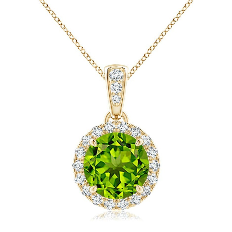 Necklaces Angara Peridot | Claw-Set Round Peridot Pendant With Diamond Halo