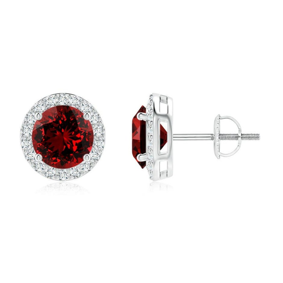 Earrings Angara Ruby | Lab-Grown Vintage-Inspired Round Ruby Halo Stud Earrings