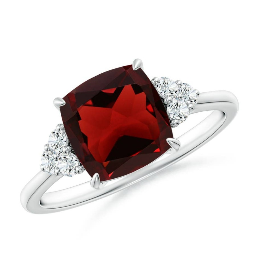 Rings Angara Garnet | Cushion Garnet Engagement Ring With Trio Diamonds