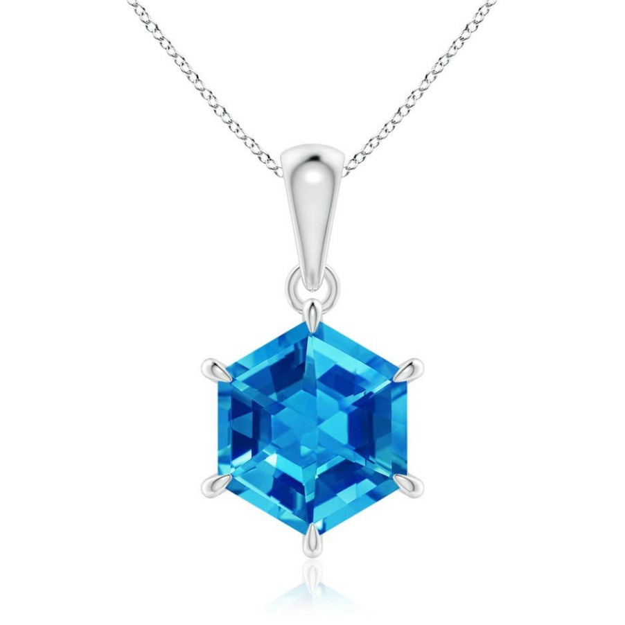 Necklaces Angara Swiss Blue Topaz | Hexagonal Step-Cut Swiss Blue Topaz Solitaire Pendant