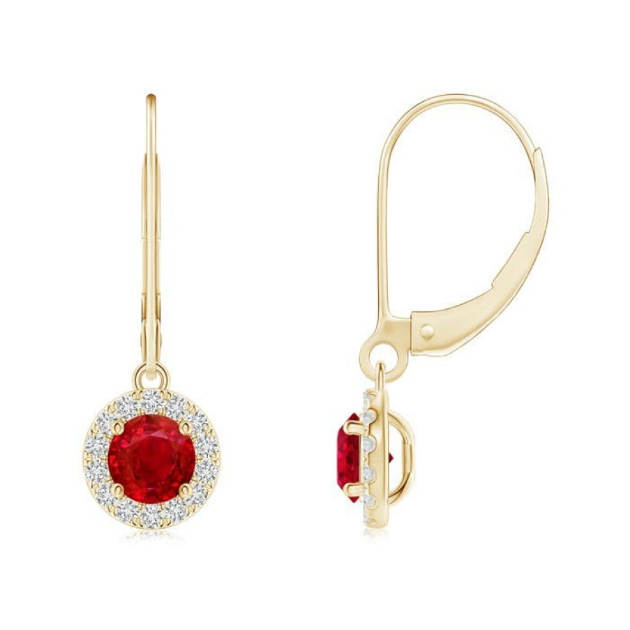 Earrings Angara Ruby | Round Ruby Leverback Halo Dangle Earrings