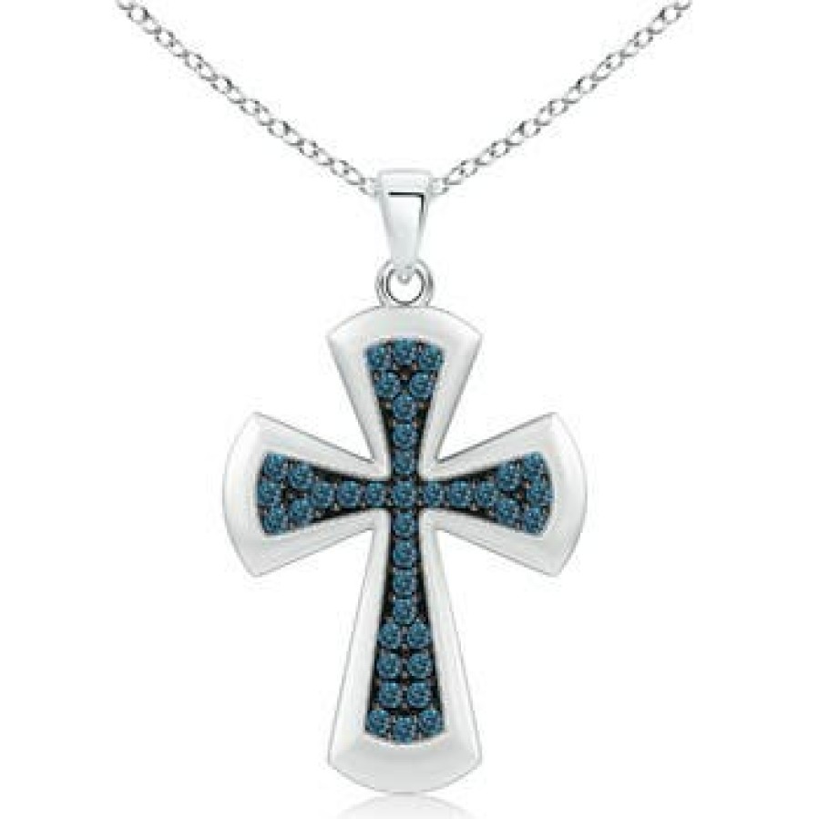 Necklaces Angara Enhanced Blue | Pave-Set Blue Diamond Cross Pendant