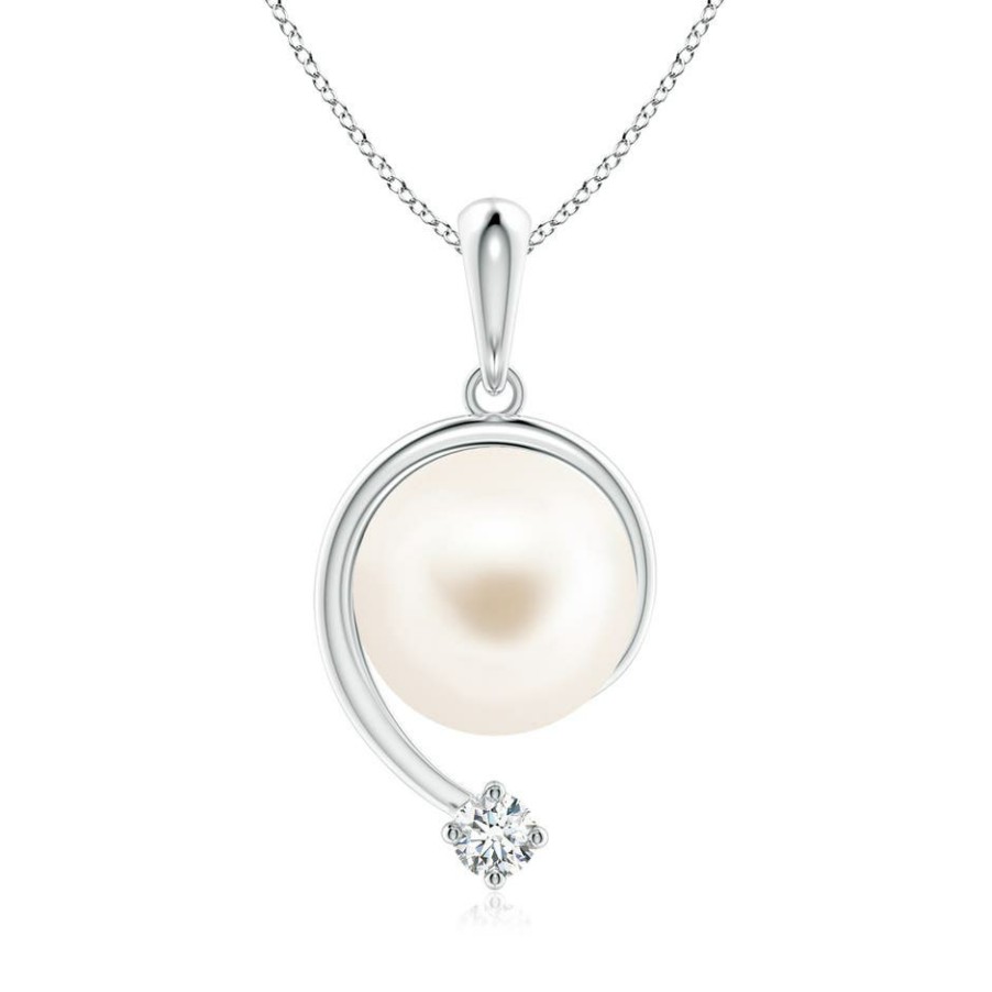 Necklaces Angara Freshwater Pearl | Freshwater Pearl And Diamond Swirl Pendant