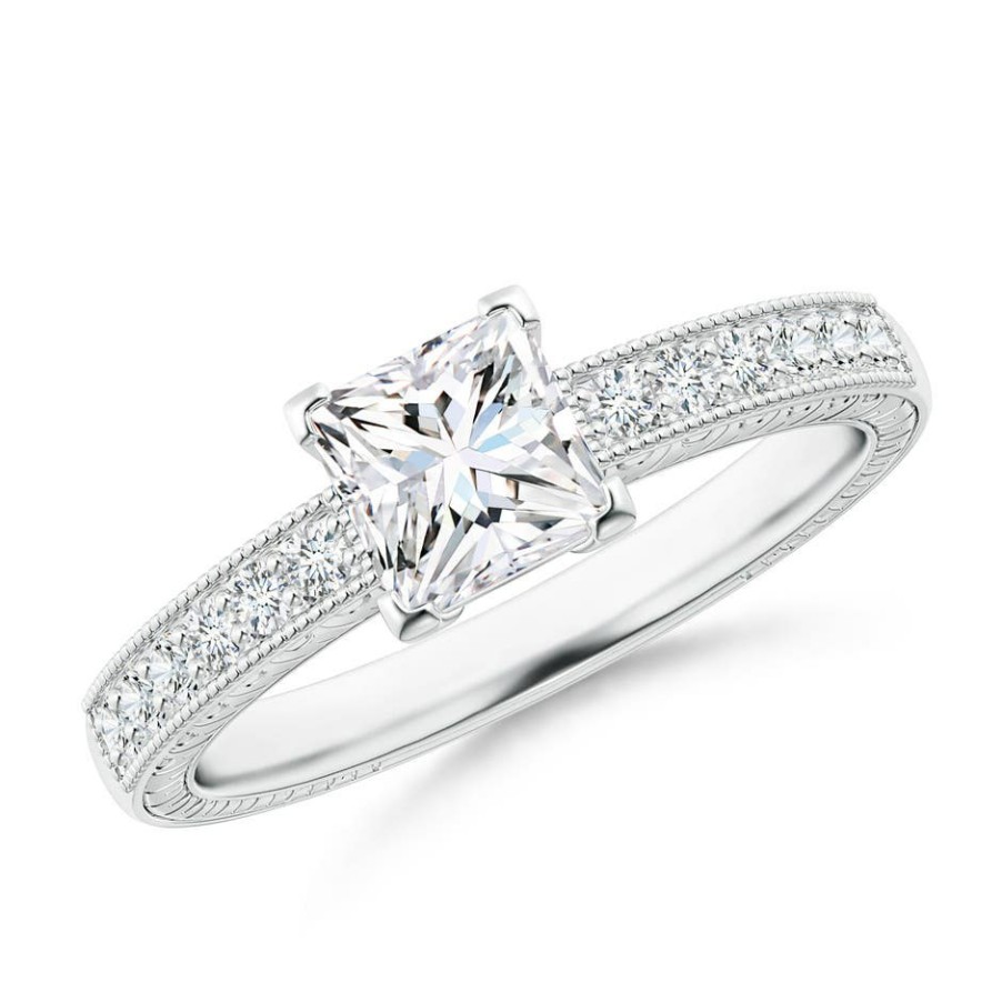 Rings Angara Diamond | Princess Cut Diamond Solitaire Ring With Milgrain Detailing