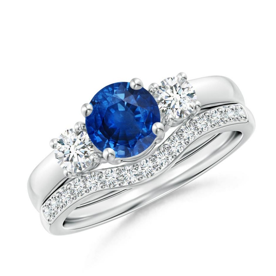 Rings Angara Blue Sapphire | Sapphire And Diamond Three Stone Bridal Set