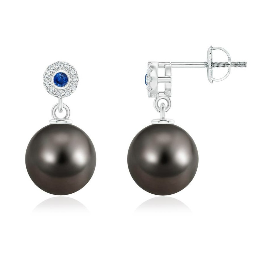 Earrings Angara Tahitian Pearl | Tahitian Pearl And Sapphire Halo Drop Earrings