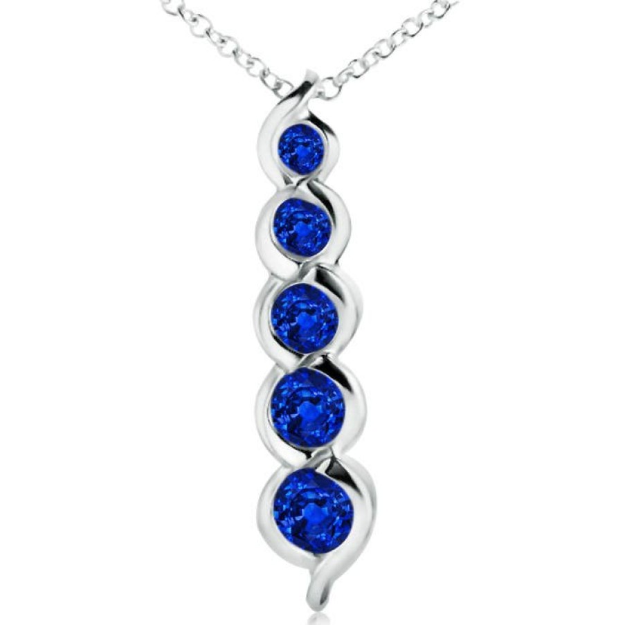 Necklaces Angara Blue Sapphire | Five Stone Round Blue Sapphire Journey Pendant