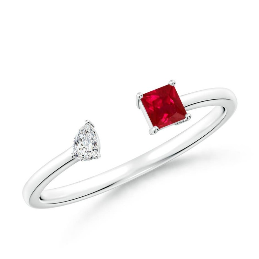 Rings Angara Ruby | Two-Stone Square Ruby & Pear Diamond Open Ring