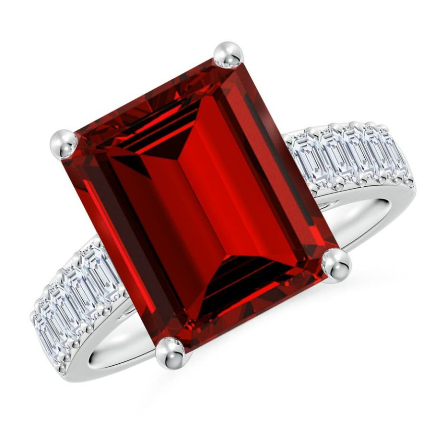 Rings Angara Ruby | Lab-Grown Emerald-Cut Ruby Ring With Diamond Accents