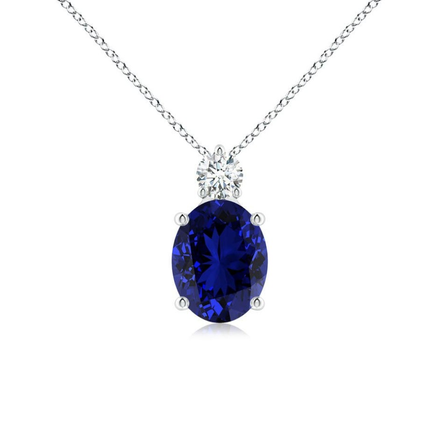 Necklaces Angara Blue Sapphire | Lab-Grown Oval Sapphire Solitaire Pendant With Lab Diamond