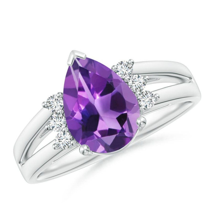 Rings Angara Amethyst | Pear Amethyst Ring With Triple Diamond Accents