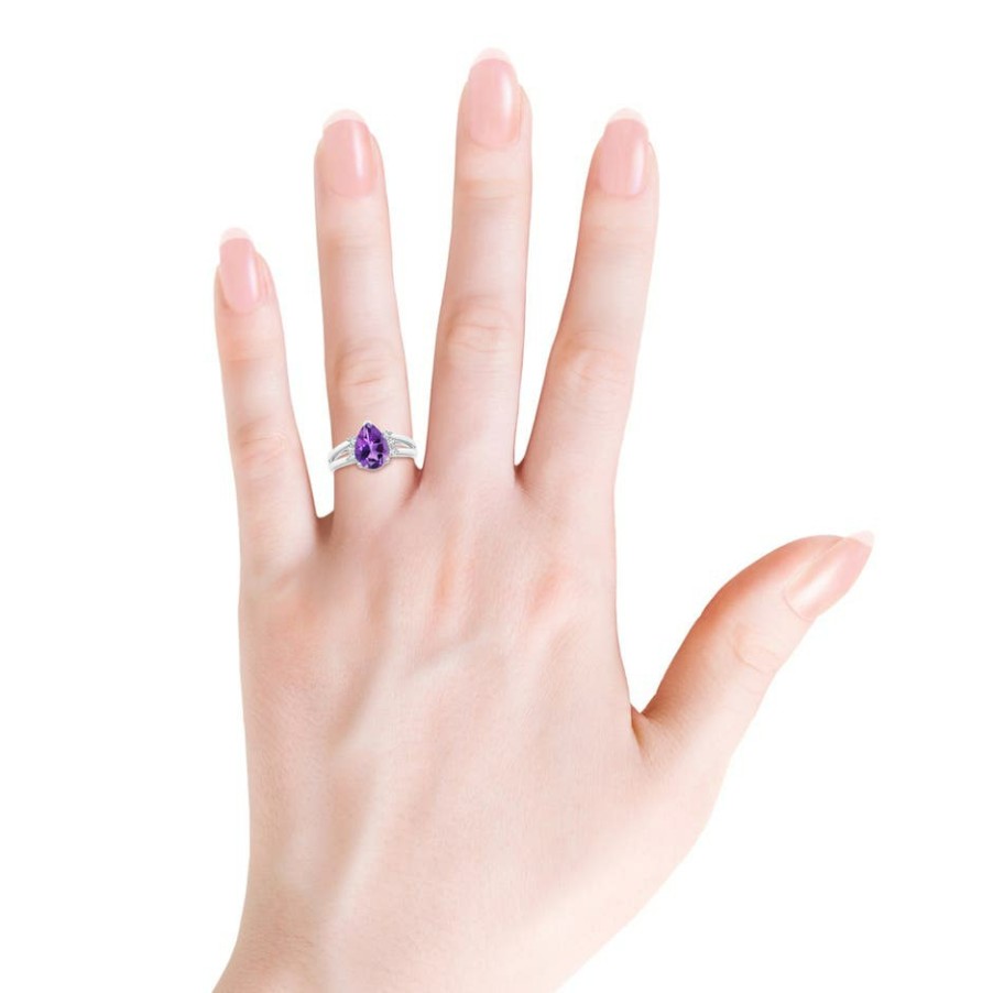 Rings Angara Amethyst | Pear Amethyst Ring With Triple Diamond Accents