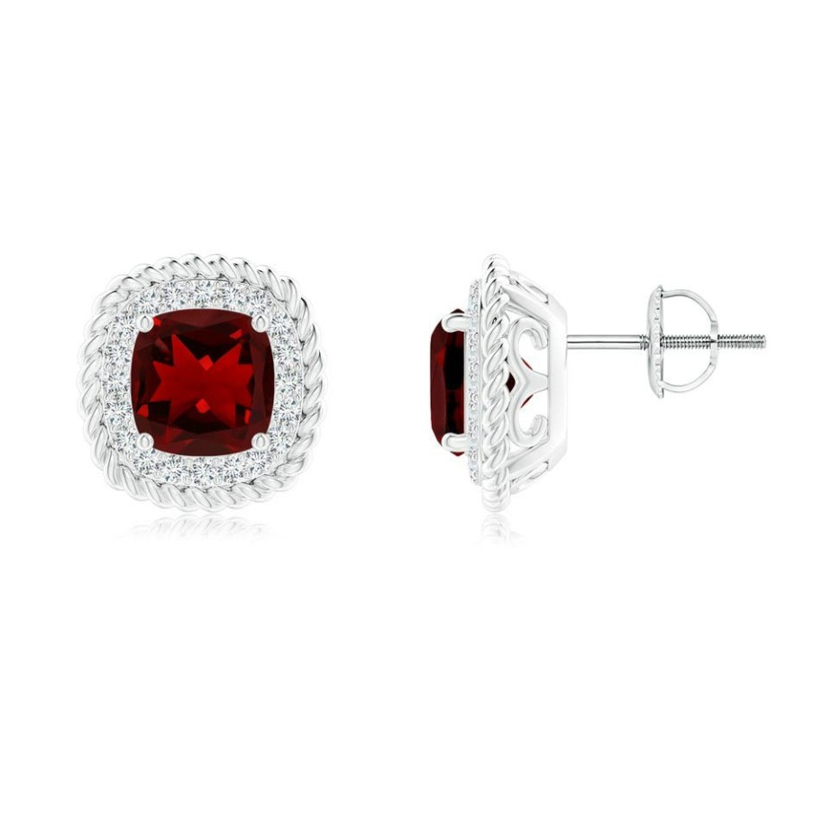 Earrings Angara Garnet | Twisted Wire Cushion Garnet Studs With Diamonds