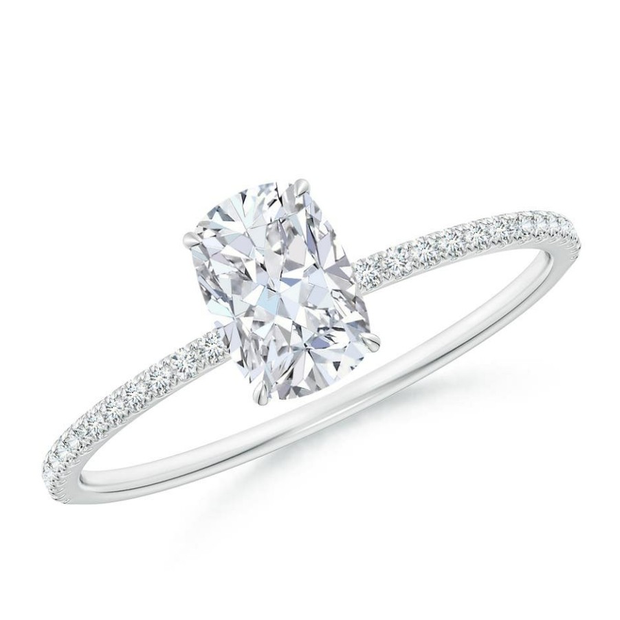 Rings Angara Diamond | Lab-Grown Thin Shank Cushion Diamond Ring With Lab Diamond Accents