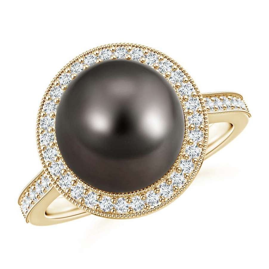 Rings Angara Tahitian Pearl | Tahitian Pearl Halo Ring With Milgrain