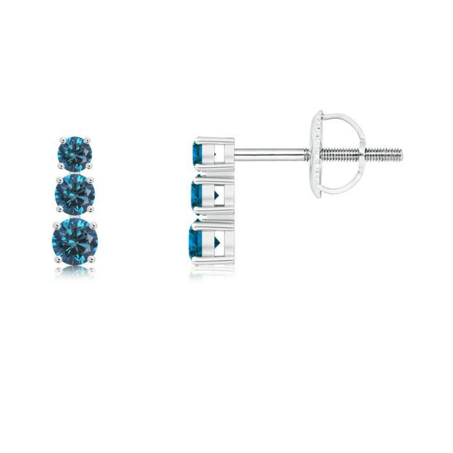 Earrings Angara Enhanced Blue | Graduated Blue Diamond Three Stone Earrings