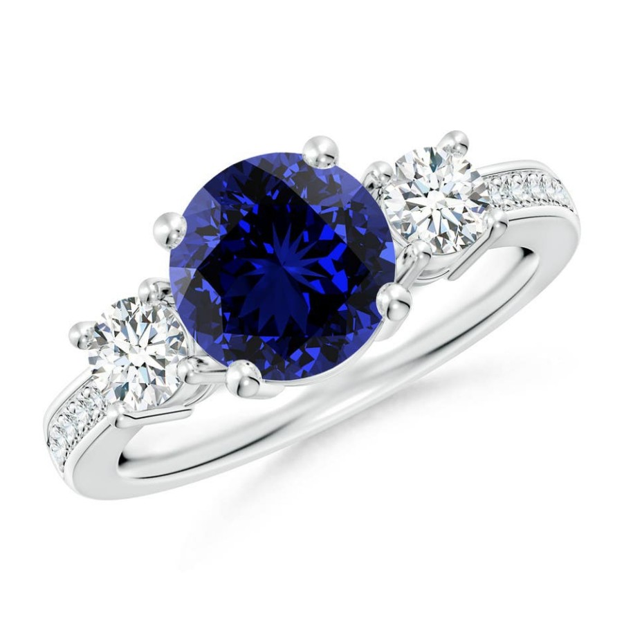 Rings Angara Blue Sapphire | Lab-Grown Classic Three Stone Blue Sapphire And Lab Diamond Ring