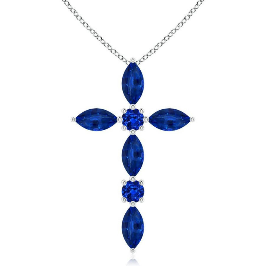 Necklaces Angara Blue Sapphire | Marquise And Round Blue Sapphire Cross Pendant