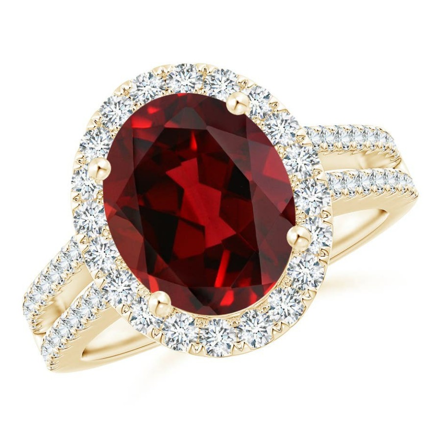 Rings Angara Garnet | Oval Garnet Split Shank Halo Ring With Diamonds