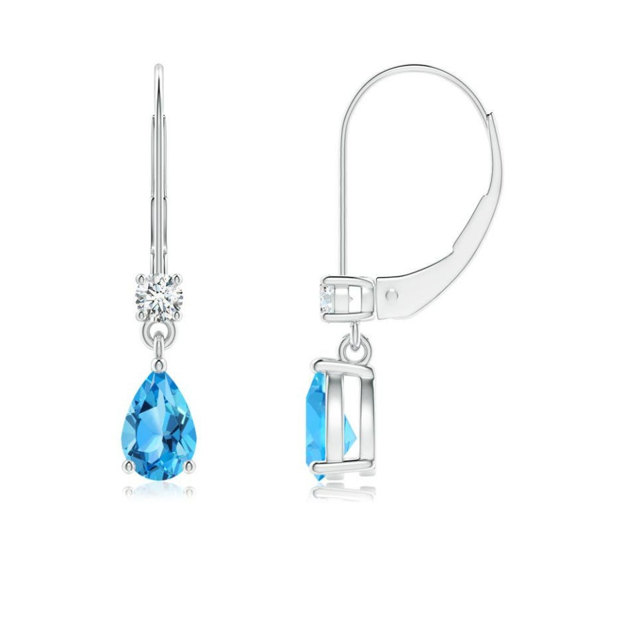 Earrings Angara Swiss Blue Topaz | Pear Swiss Blue Topaz Leverback Earrings With Diamond