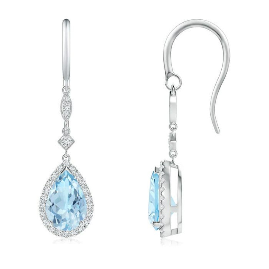 Earrings Angara Aquamarine | Pear-Shaped Aquamarine Drop Earrings With Diamond Halo