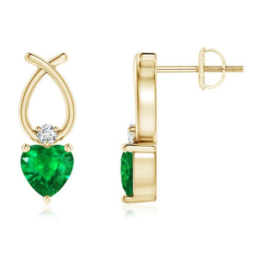 Earrings Angara Emerald | Heart Shaped Emerald Ribbon Earrings With Diamond