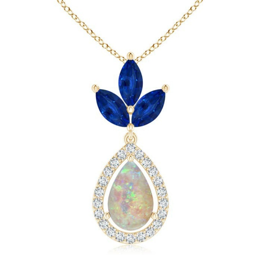 Necklaces Angara Opal | Floating Opal And Diamond Halo Pendant With Sapphires