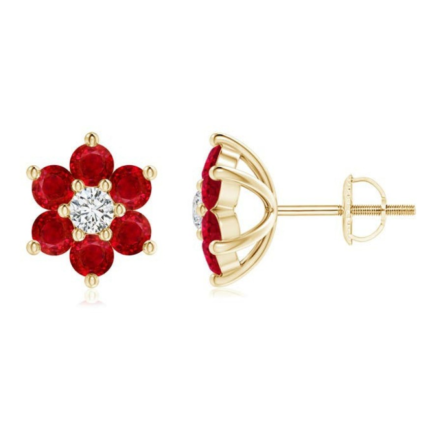 Earrings Angara Ruby | Six Petal Diamond And Ruby Flower Stud Earrings