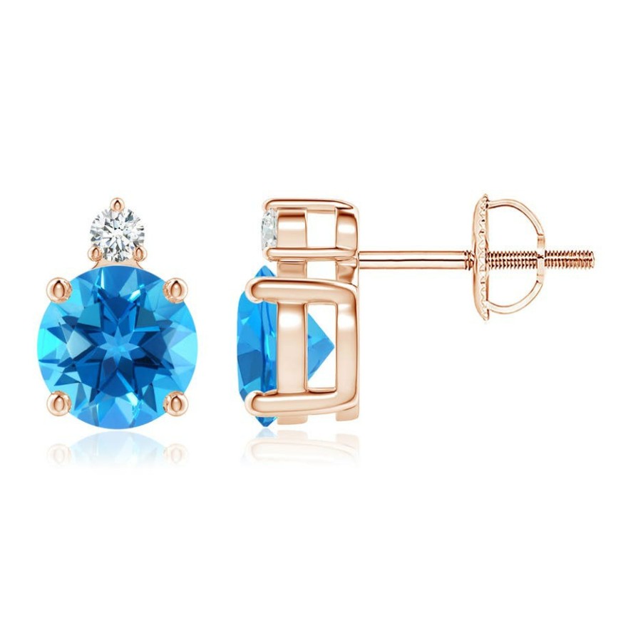 Earrings Angara Swiss Blue Topaz | Basket-Set Round Swiss Blue Topaz Stud Earrings With Diamond