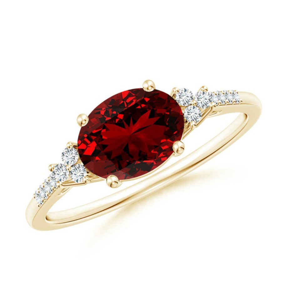 Rings Angara Ruby | Lab-Grown Horizontally Set Oval Ruby Solitaire Ring With Trio Lab Diamond Accents