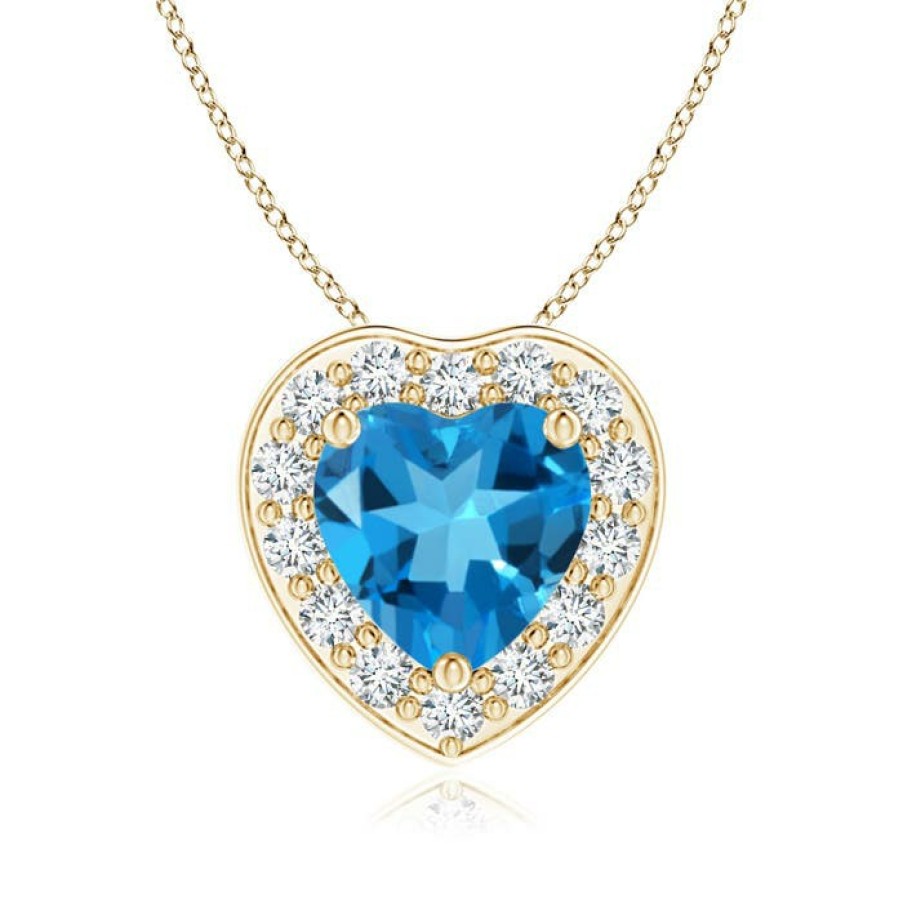 Necklaces Angara Swiss Blue Topaz | Heart-Shaped Swiss Blue Topaz Pendant With Diamond Halo