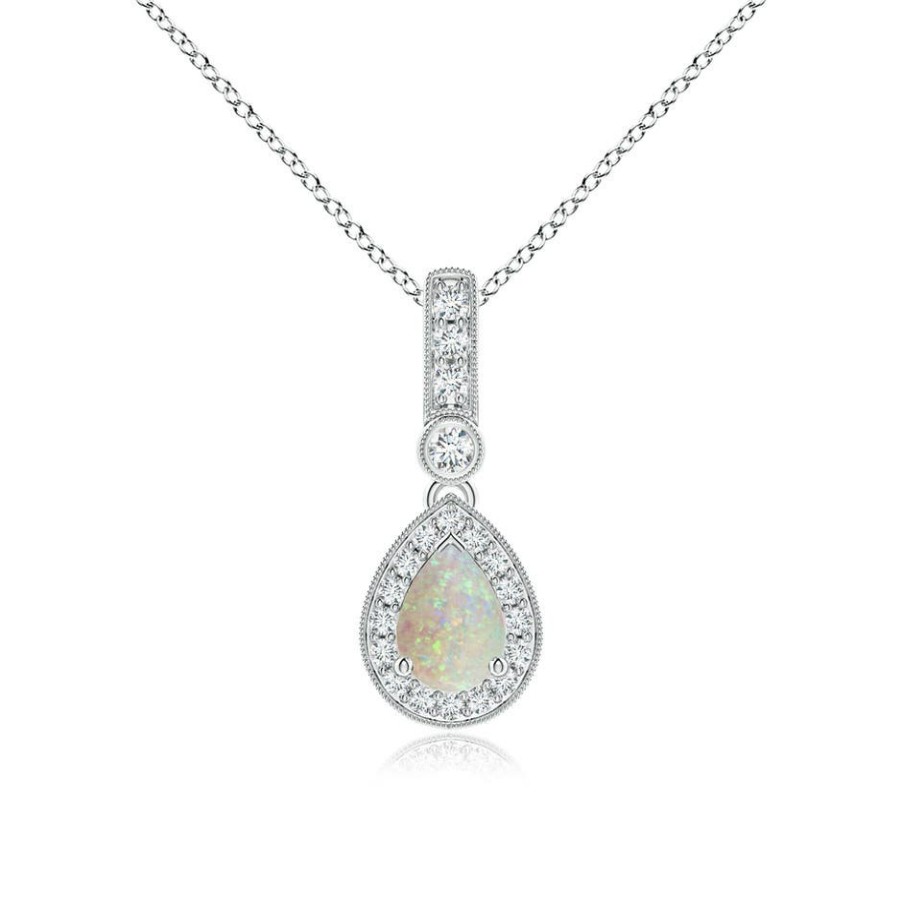 Necklaces Angara Opal | Pear-Shaped Opal And Pave Diamond Halo Pendant