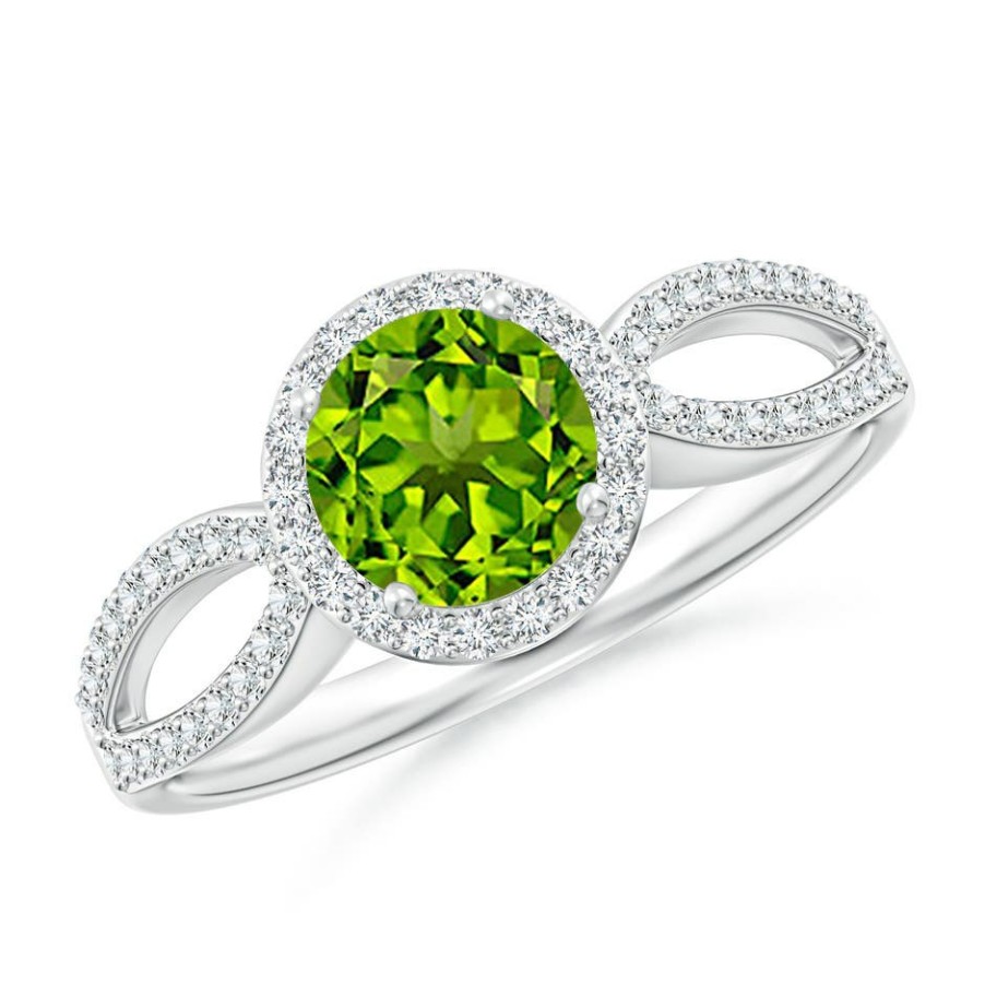 Rings Angara Peridot | Vintage Style Peridot Split Shank Ring With Diamond Halo