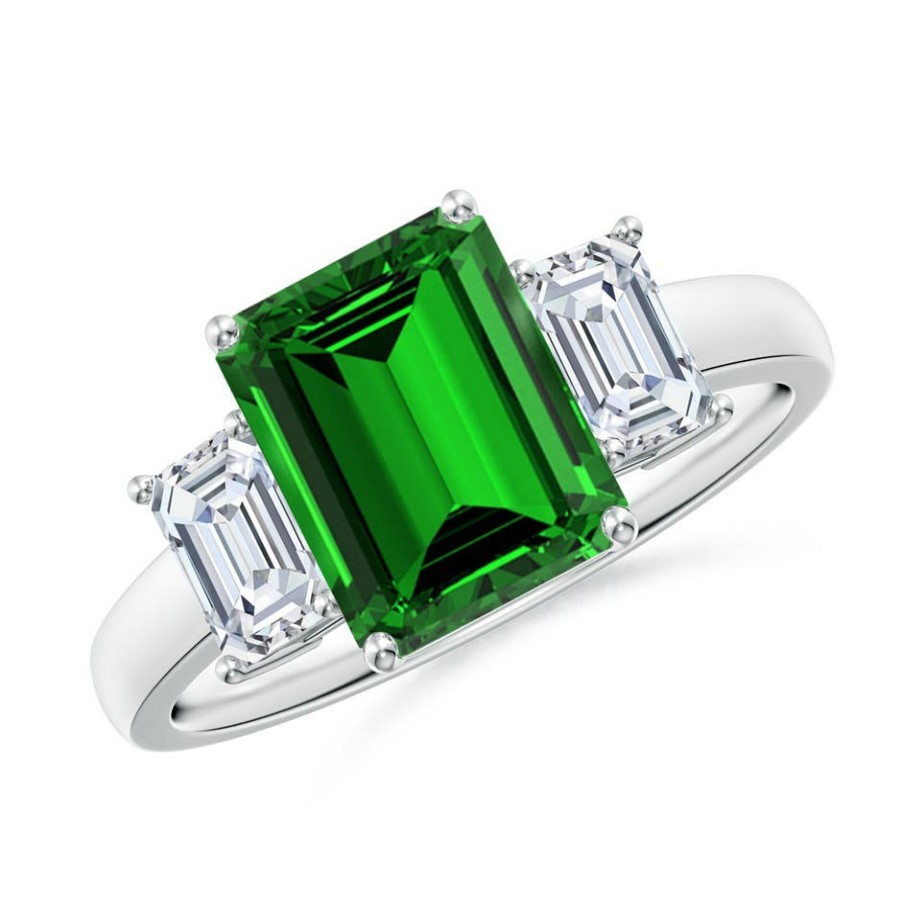 Rings Angara Emerald | Lab-Grown Emerald-Cut Emerald And Lab Diamond Three Stone Ring