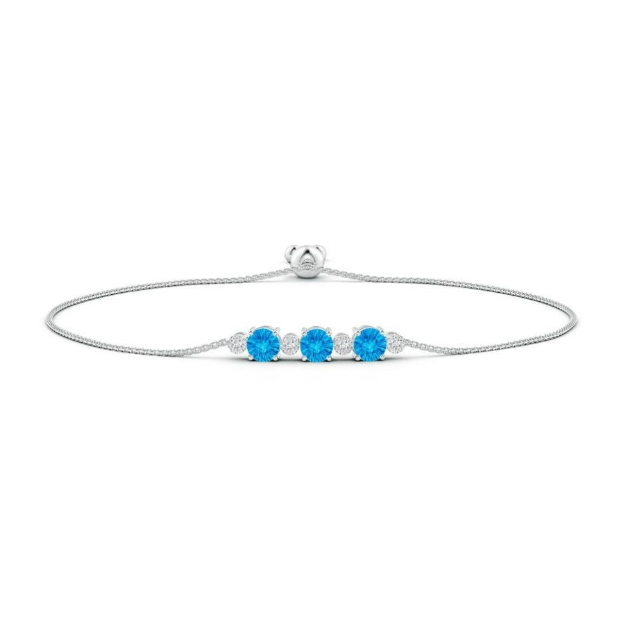 Bracelets Angara Swiss Blue Topaz | Three Stone Round Swiss Blue Topaz Bracelet With Diamonds