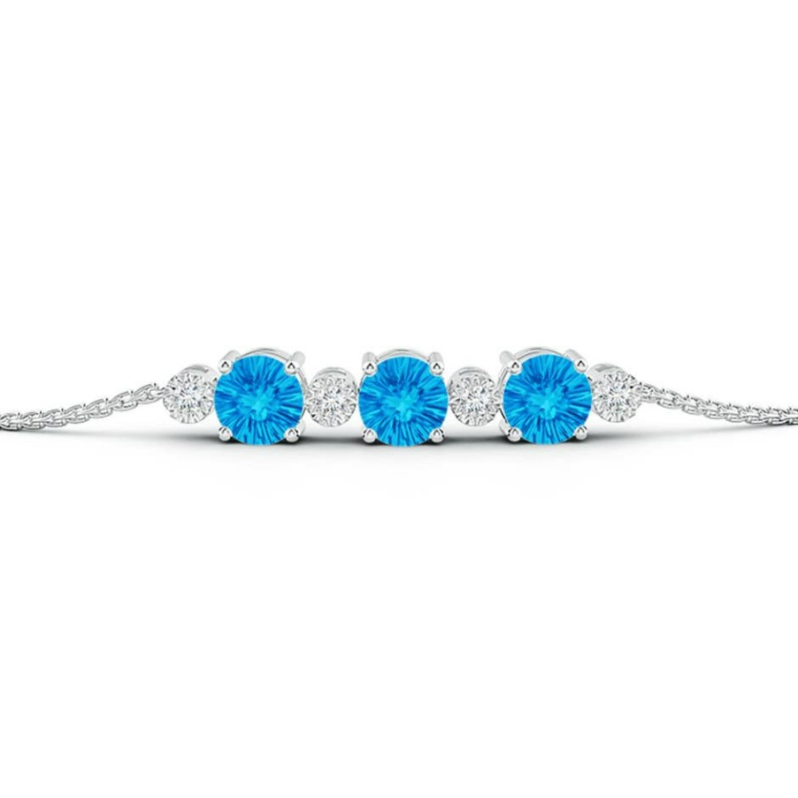 Bracelets Angara Swiss Blue Topaz | Three Stone Round Swiss Blue Topaz Bracelet With Diamonds