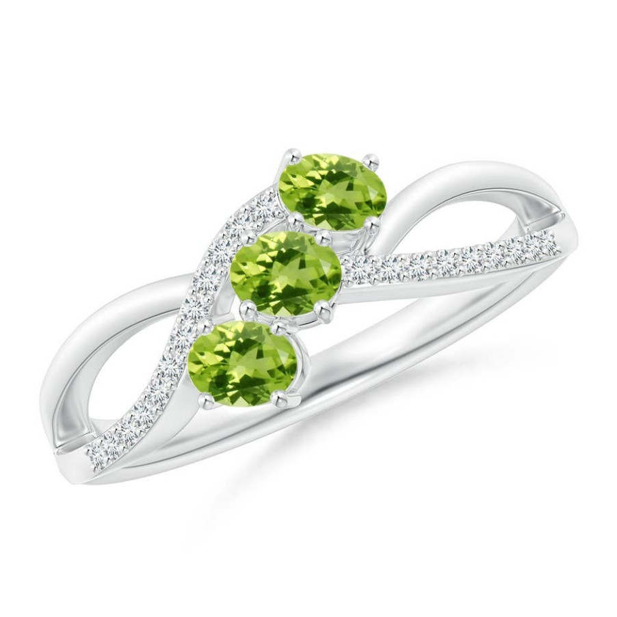 Rings Angara Peridot | Oval Peridot Three Stone Bypass Ring With Diamonds