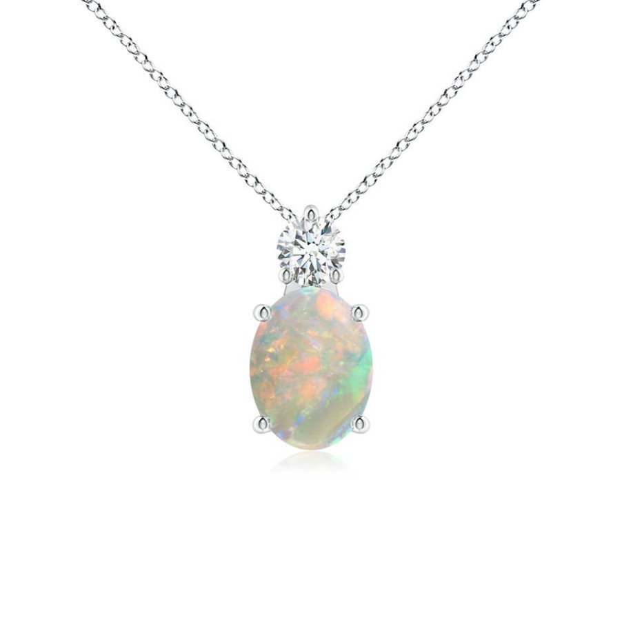 Necklaces Angara Opal | Oval Opal Solitaire Pendant With Diamond