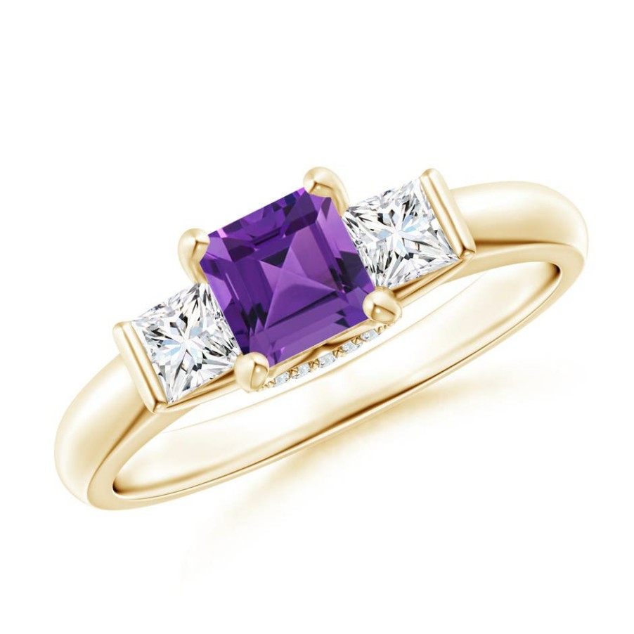 Rings Angara Amethyst | Classic Square Amethyst And Diamond Engagement Ring