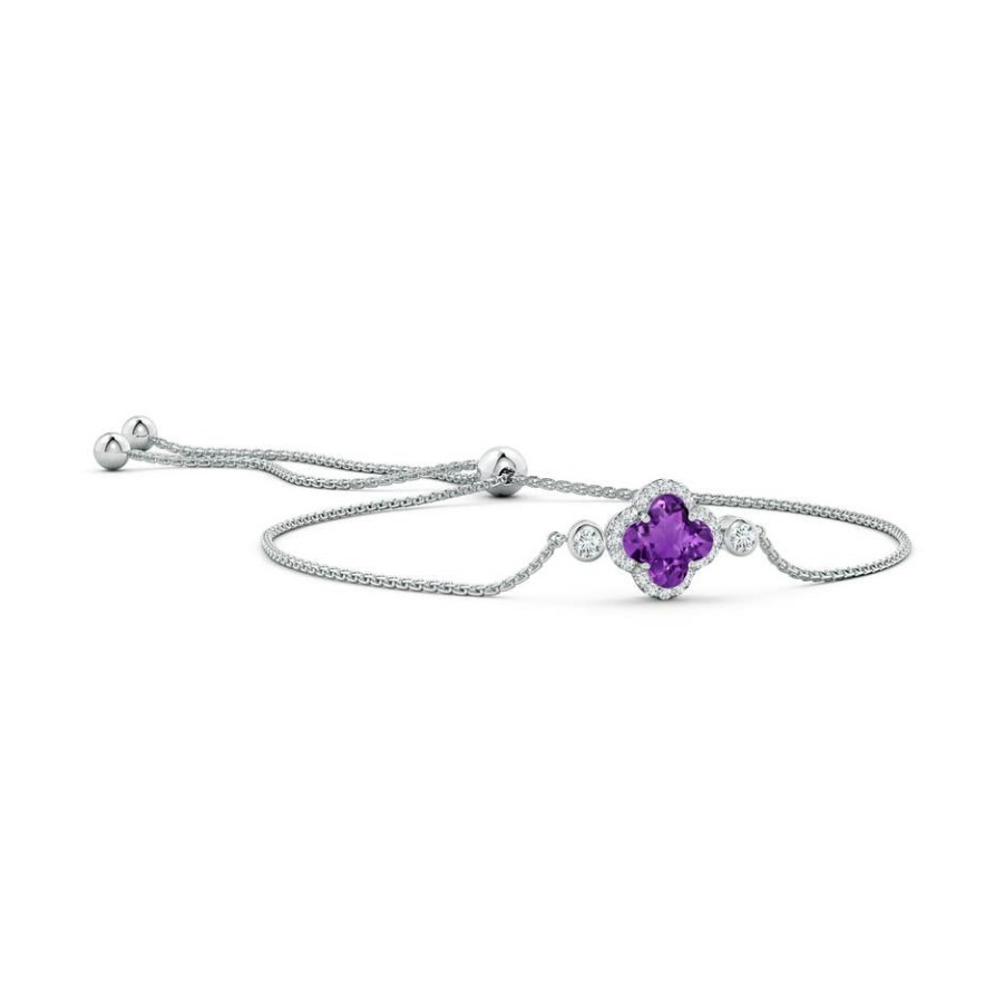 Bracelets Angara Amethyst | Clover-Shaped Amethyst Bolo Bracelet With Diamonds