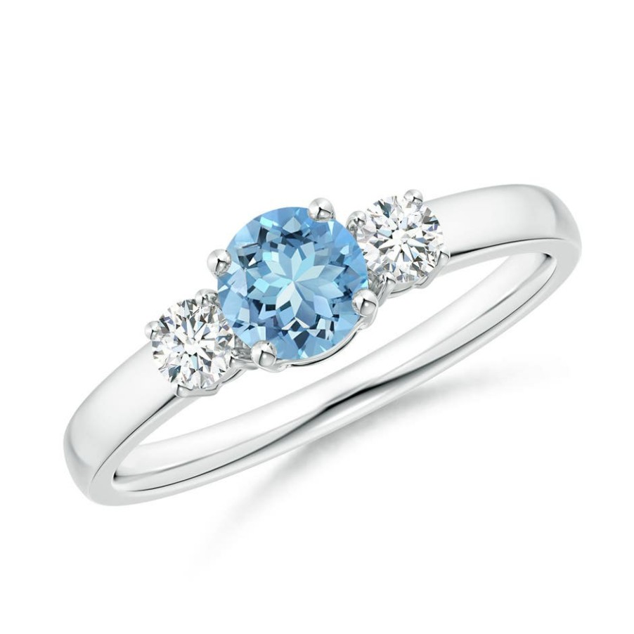 Rings Angara Aquamarine | Classic Aquamarine And Diamond Three Stone Engagement Ring