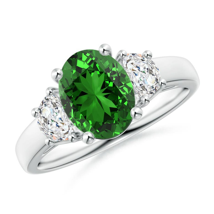 Rings Angara Emerald | Lab-Grown Three Stone Oval Emerald And Half Moon Lab Diamond Ring