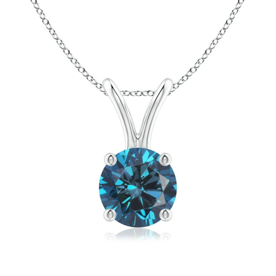 Necklaces Angara Enhanced Blue | Round Blue Diamond Solitaire V-Bale Pendant