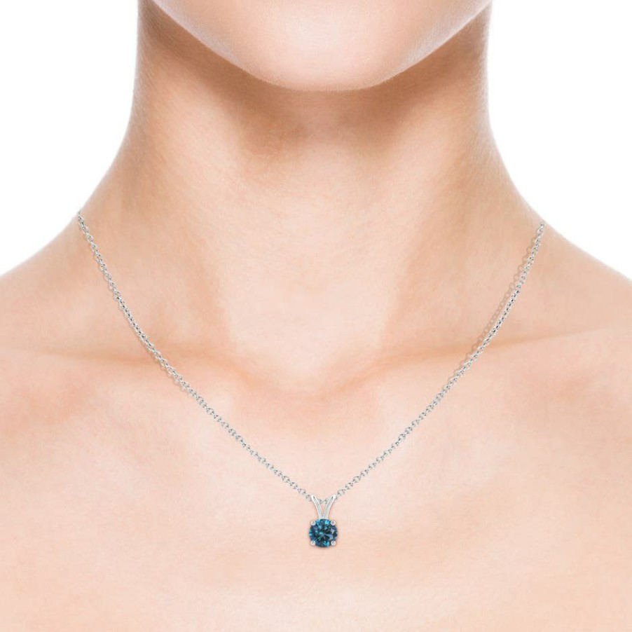 Necklaces Angara Enhanced Blue | Round Blue Diamond Solitaire V-Bale Pendant