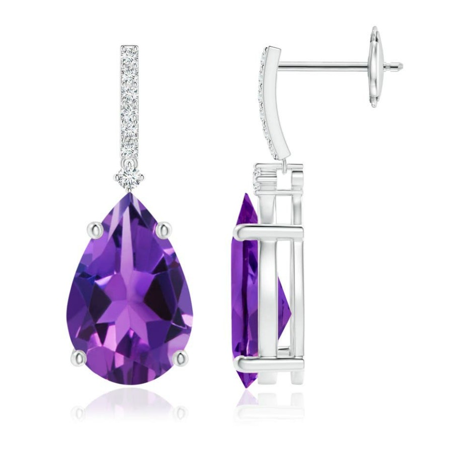 Earrings Angara Amethyst | Solitaire Pear Amethyst Drop Earrings With Diamonds