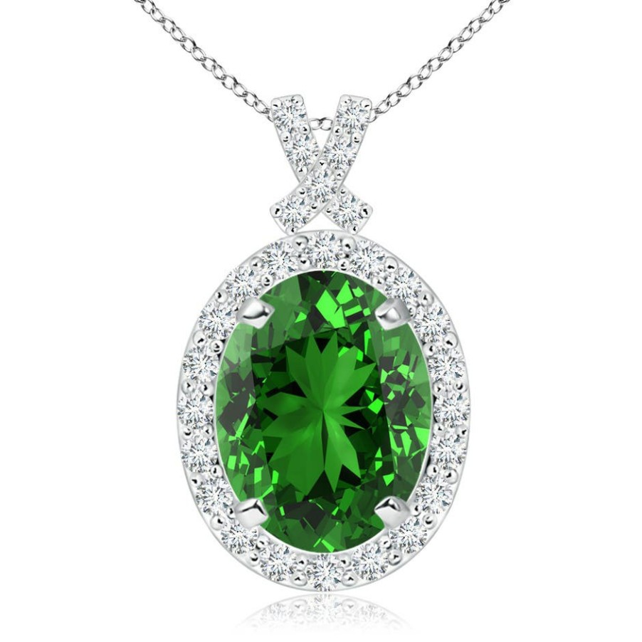 Necklaces Angara Emerald | Lab-Grown Vintage Style Emerald Pendant With Lab Diamond Halo