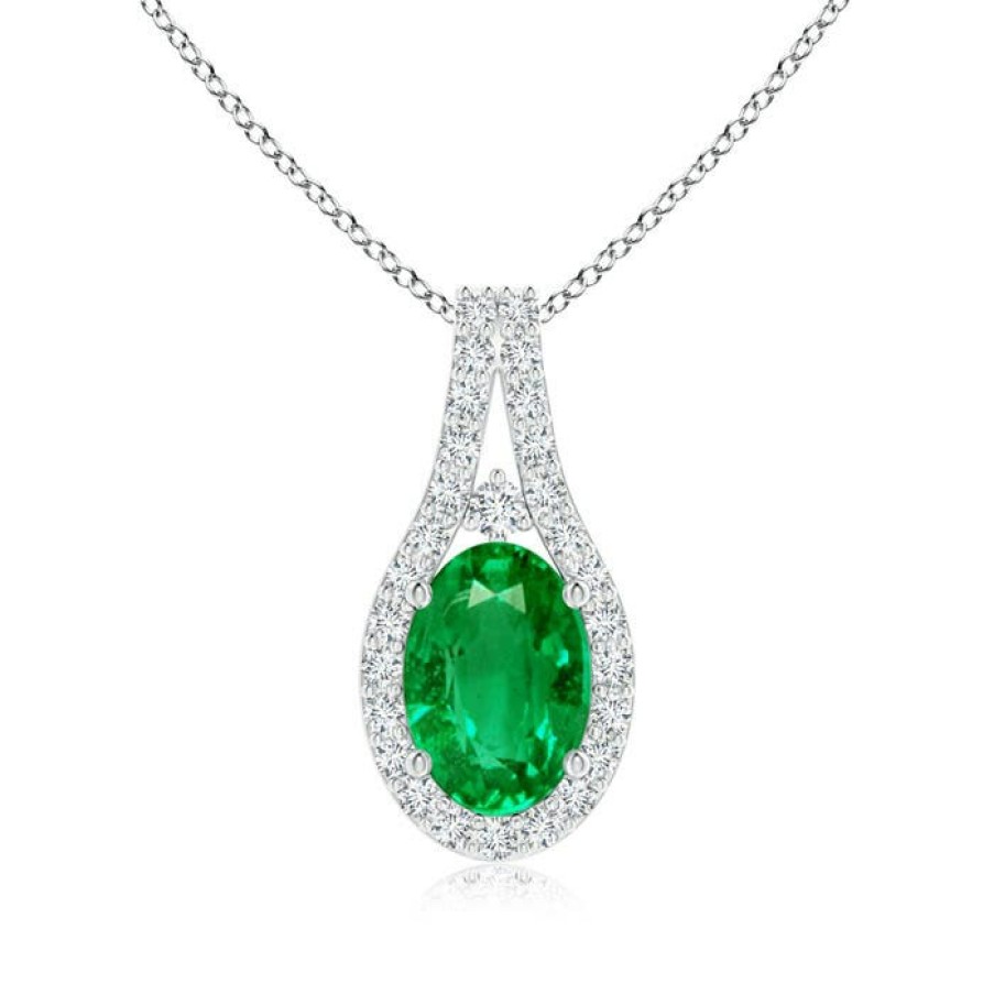 Necklaces Angara Emerald | Classic Emerald And Diamond Halo Pendant