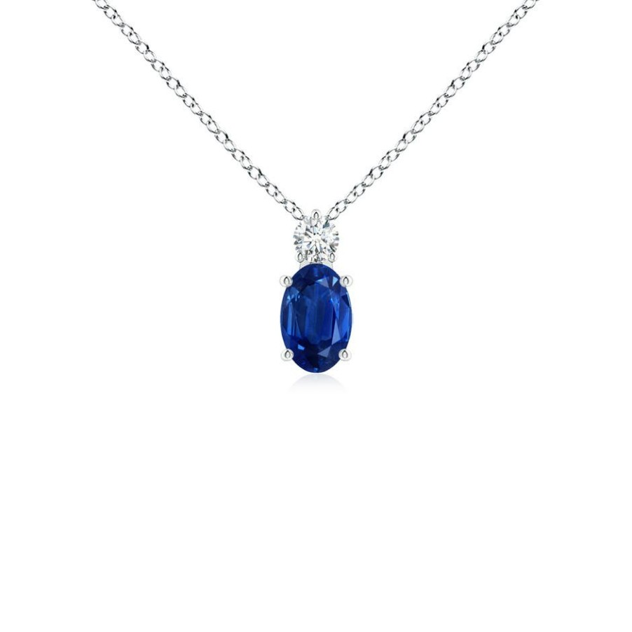 Necklaces Angara Blue Sapphire | Oval Sapphire Solitaire Pendant With Diamond