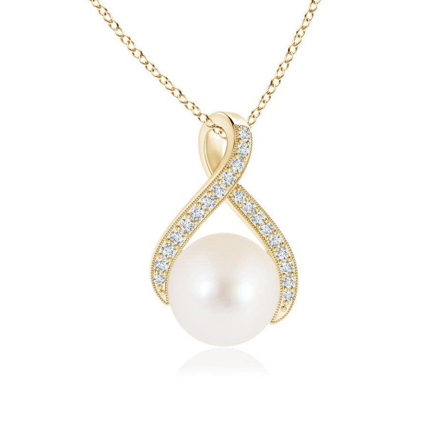 Necklaces Angara Freshwater Pearl | Freshwater Pearl Swirl Ribbon Pendant With Diamonds