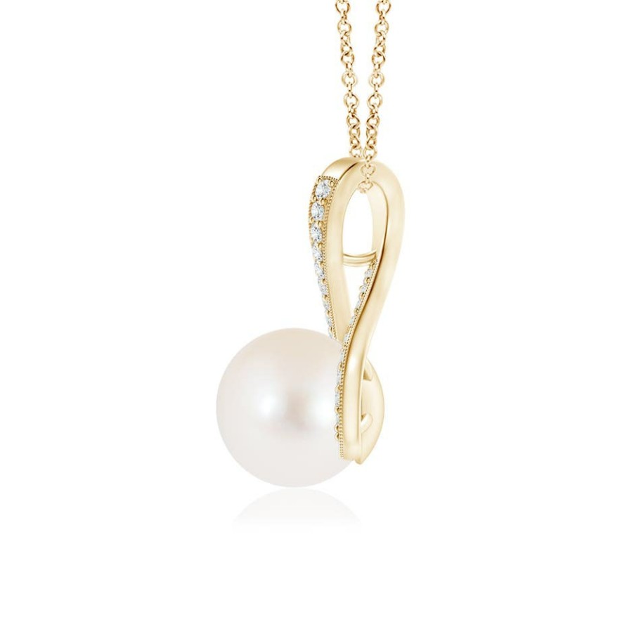 Necklaces Angara Freshwater Pearl | Freshwater Pearl Swirl Ribbon Pendant With Diamonds